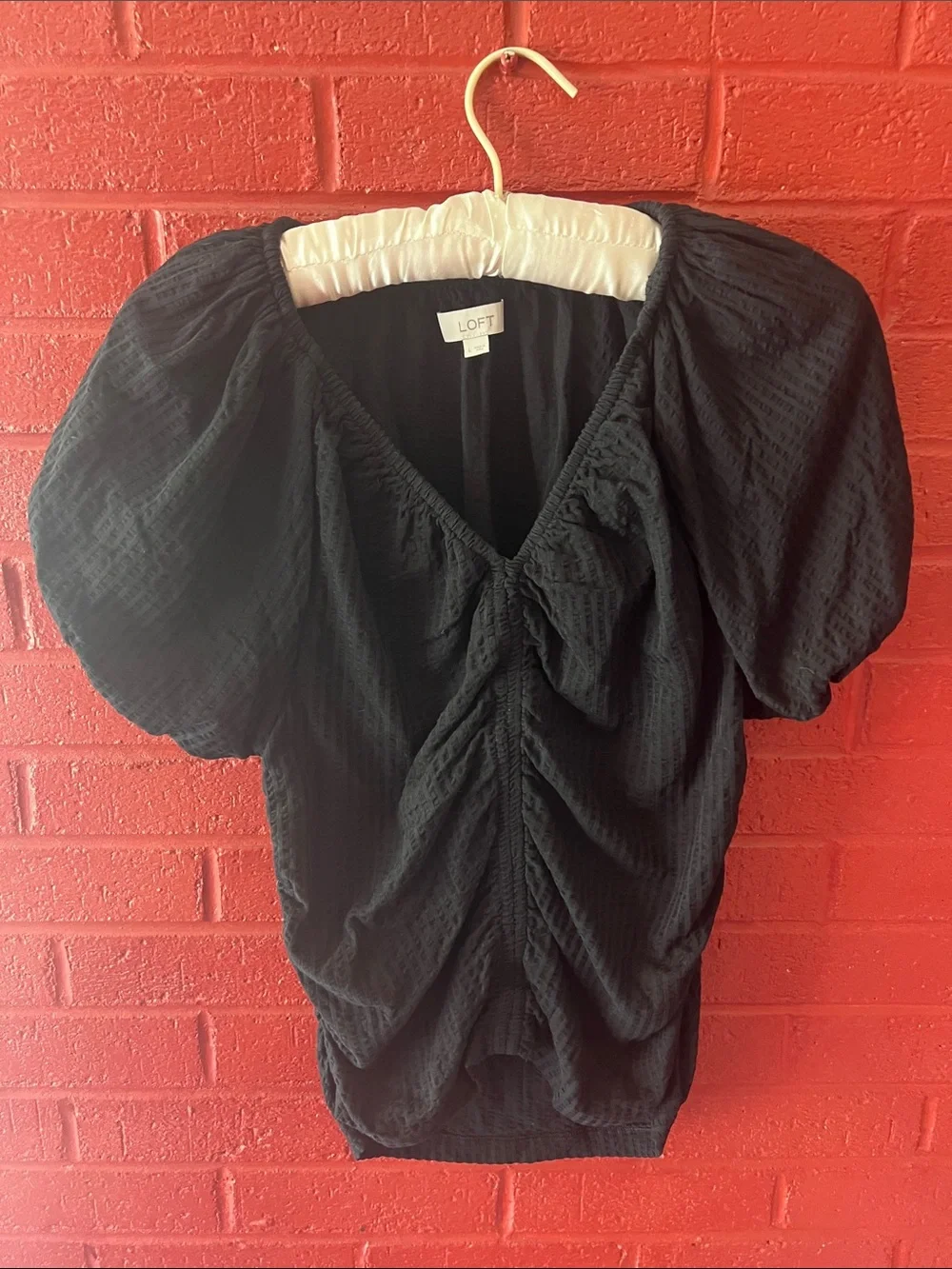 LOFT Black Puff-Sleeve Ruched V-Neck Blouse